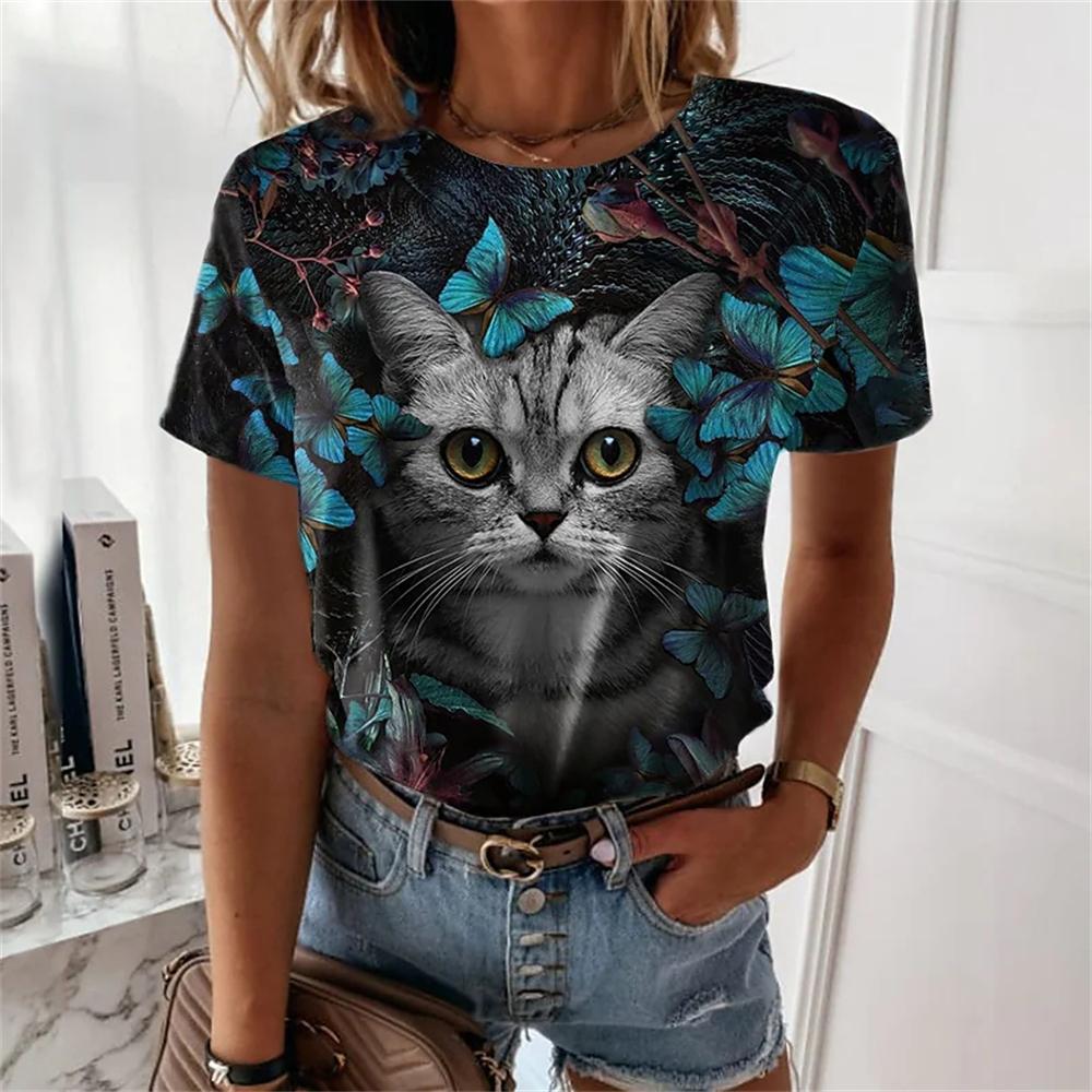 Новая модная женская футболка с 3D кавайным принтом кота, футболки, топы, футболка с короткими рукавами с изображением животных, свободная женская одежда большого размера