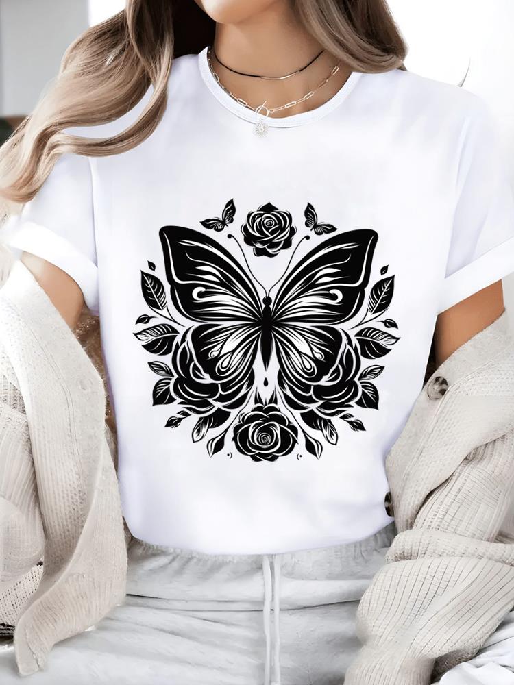 (Asian Size) Print Short Sleeve T-shirts Flower Style 90s Fashion O-neck Female Casual Women's Top T Clothing Graphic Tee