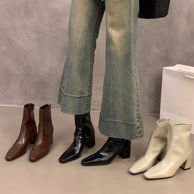 Женские ботинки Мартина на высоком каблуке с квадратным носком, коричневые, весенне-осенние, одинарные, для ношения с юбкой, французские, маленькие, телесного цвета, короткие ботинки