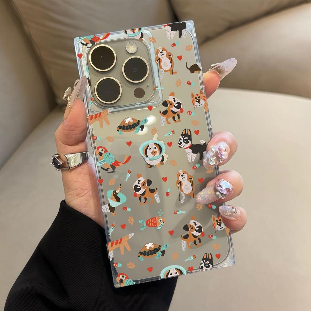 Прозрачный квадратный чехол-бампер для iPhone 11 16 ProMax 13 12 15 Plus 14 Pro Max, защита от окисления, чехол с рисунком собачек
