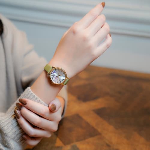 Authorized Retailer OLIVIA BURTON Women's Watch 24000228 Illustrated Floral Midi Ivory Gold Sage Green Leather