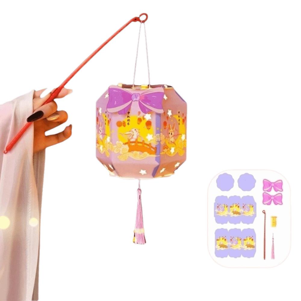Cartoon Rabbit Mid-Autumn Festival Lantern Handheld Six-Sided DIY Craft Kit Lantern Paper Luminous Design LED Lantern Party