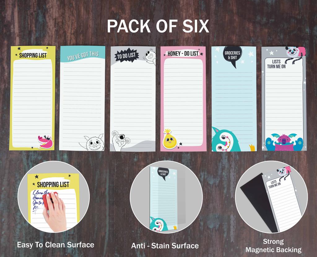 Inkdotpot Упаковка из 6 забавных магнитных списков для сухого стирания на холодильнике, протирание без пятен, быстрые заметки, доска для покупок и список продуктов на холодильник