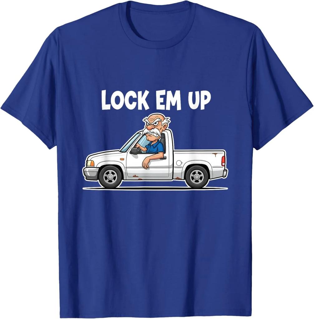 Lock Em Up Angry Old Unisex Driving Truck Cartoon Graphic Tee Short Sleeve Cotton TShirt