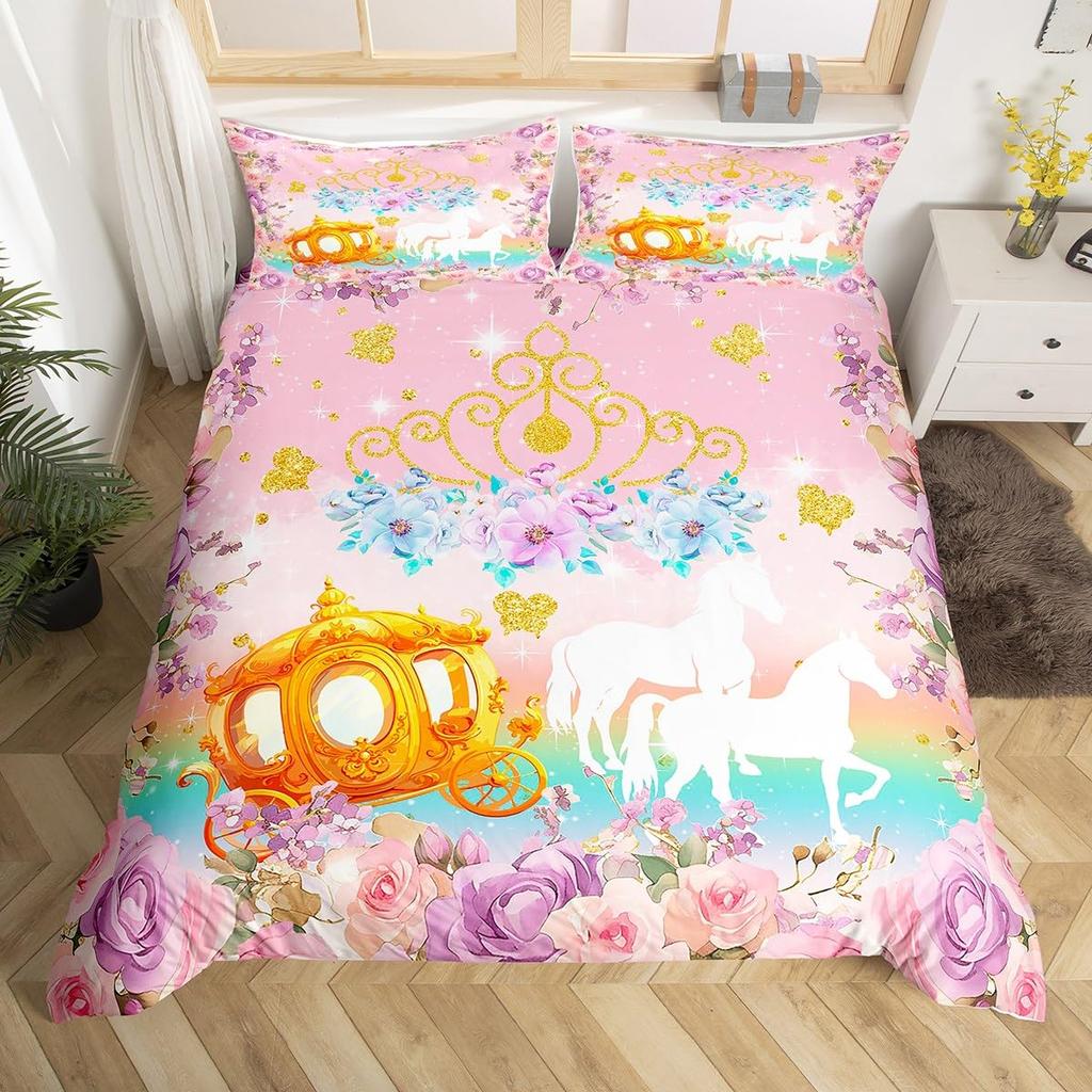 Fairy Tale Castle Bedding Set Twin QueenGirly Golden Castle Silhouette Duvet CoverBlooming Flowers Botanical Comforter Cover