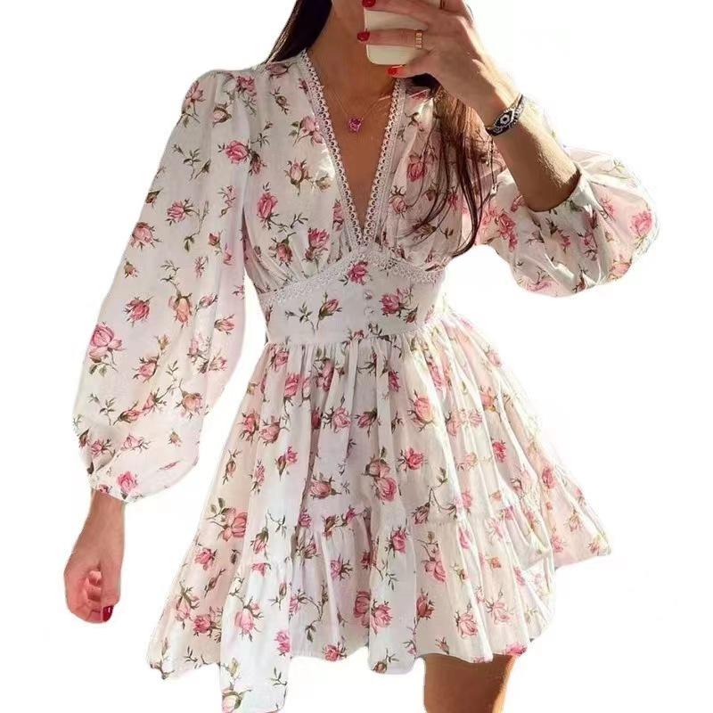 Fashion Women's Casual V-Neck Printed Long Sleeve High Waist Printed Dress