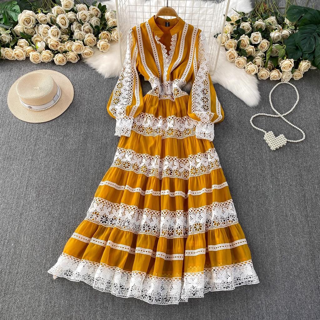 Роскошные Дизайнерские Осенние Вечерние Платья для Выпускного с Ажурной Вышивкой для Женщин, Кружевной Пэчворк, V-образный Вырез, Длинный Рукав-фонарик, Макси-платье