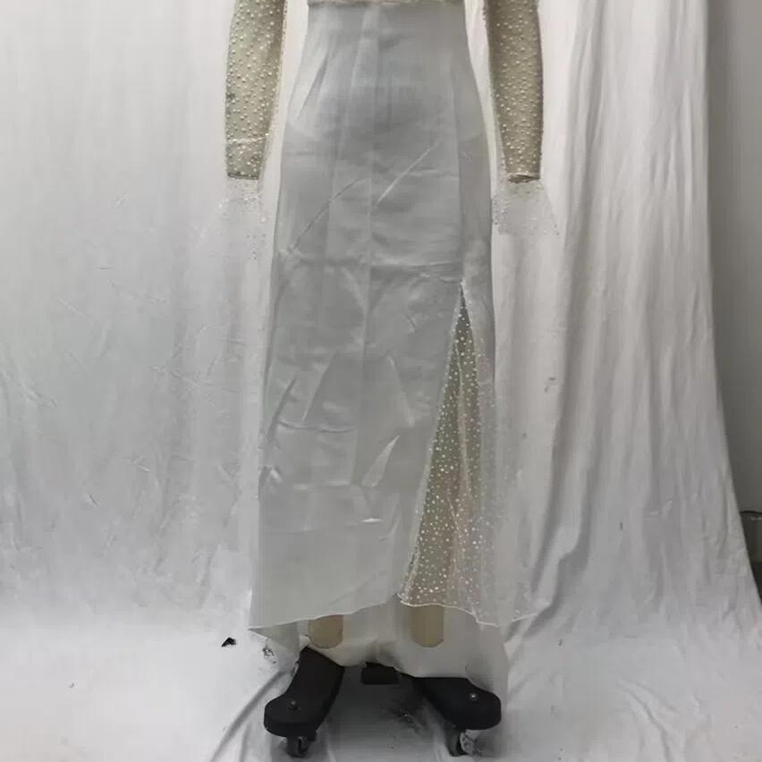 2025 Лето Осень Женское Прозрачное Сетчатое Свадебное Платье, Сексуальное Платье с V-образным вырезом и Длинными Рукавами с Высоким Разрезом, Белое Просвечивающее Свадебное Платье для Торжественных Мероприятий