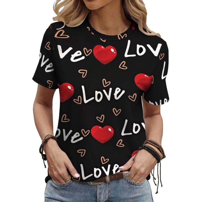 Valentine's Day Women's T-Shirt Love Heart Print Summer O Neck Short Sleeve Top Outdoor Casual T-Shirt Female Oversized Clothing