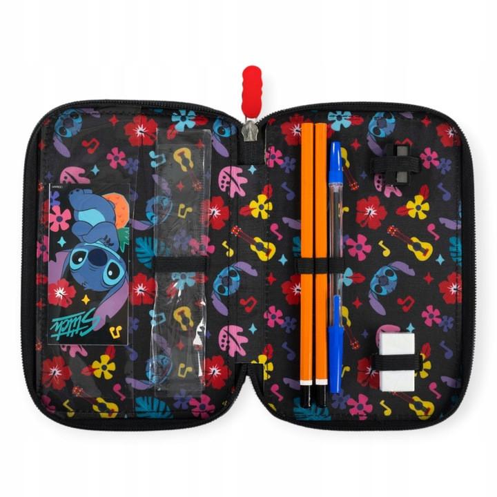 Piórnik Szkolny Trzykomorowy Potrójny Z Wyposażeniem Disney Stitch Black
