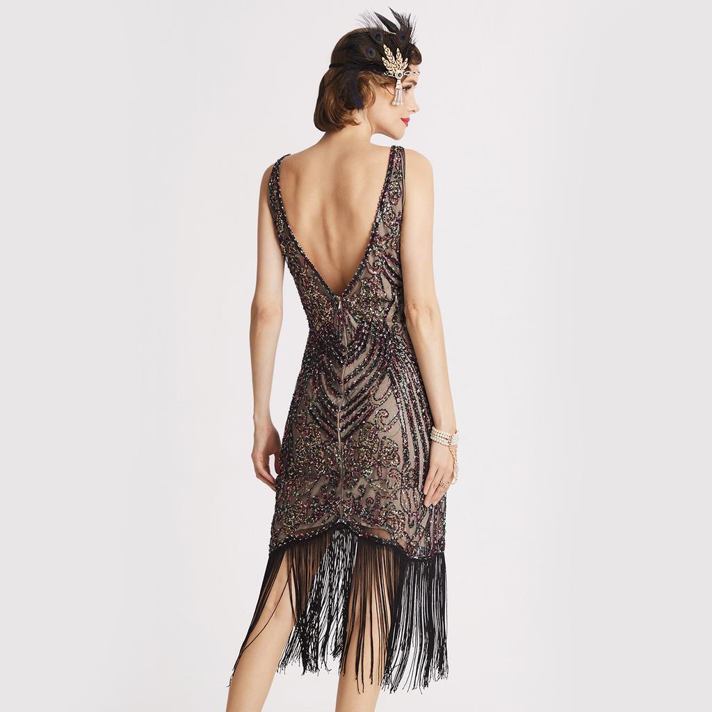 Retro Masquerade V-neck High-end Dress Gatsby Party Party Sequin Tassel Dress