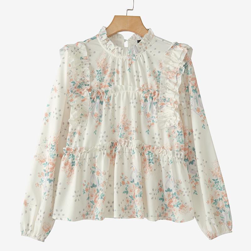 ZANZEA Женская повседневная блузка с воротником-стойкой и длинным рукавом с цветочным принтом