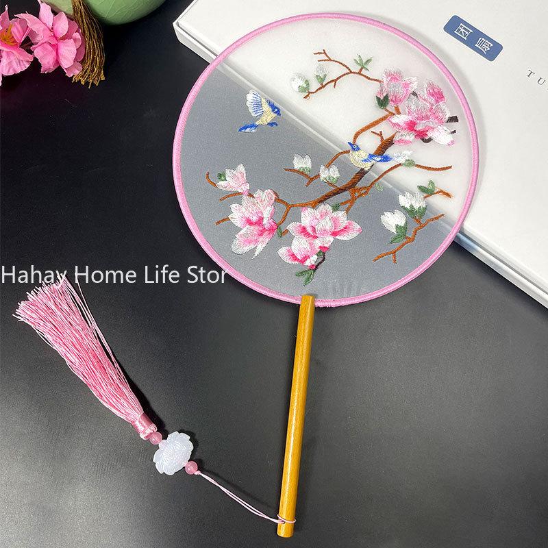 Модный китайский стиль веер с деревянной ручкой вышитый цветок девушка подарок портативный домашний декор ручные веера ремесла танцевальный веер