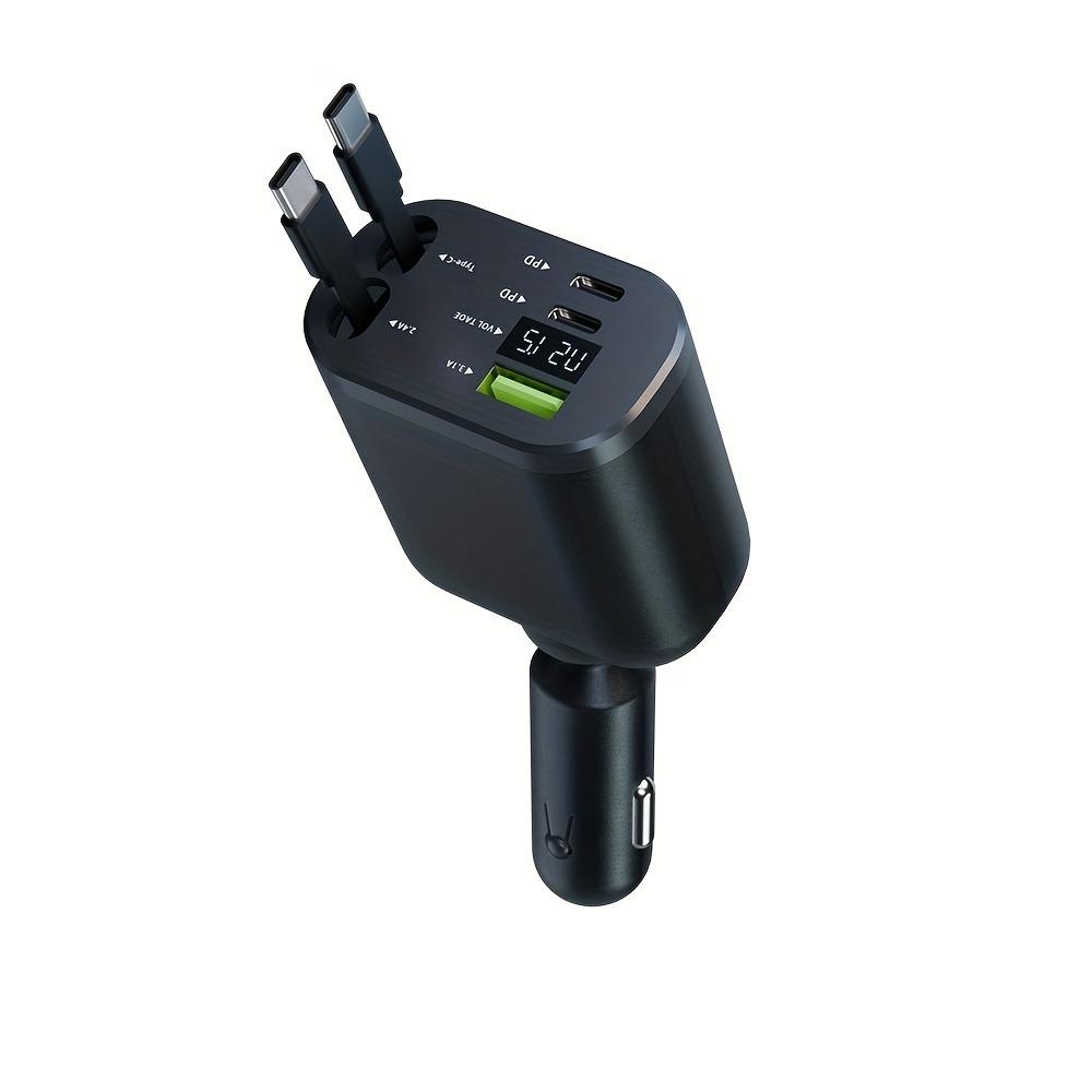 Автомобильное зарядное устройство на 5 портов со светодиодным дисплеем, быстрой зарядкой USB PD, встроенными выдвижными кабелями Type-C для iPhone и Android