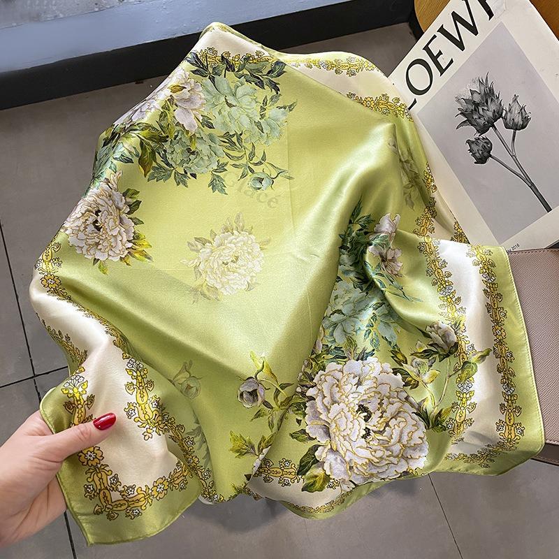 Women S Fresh Sweet Green Floral Silk Small Square Scarf For Spring Summer
