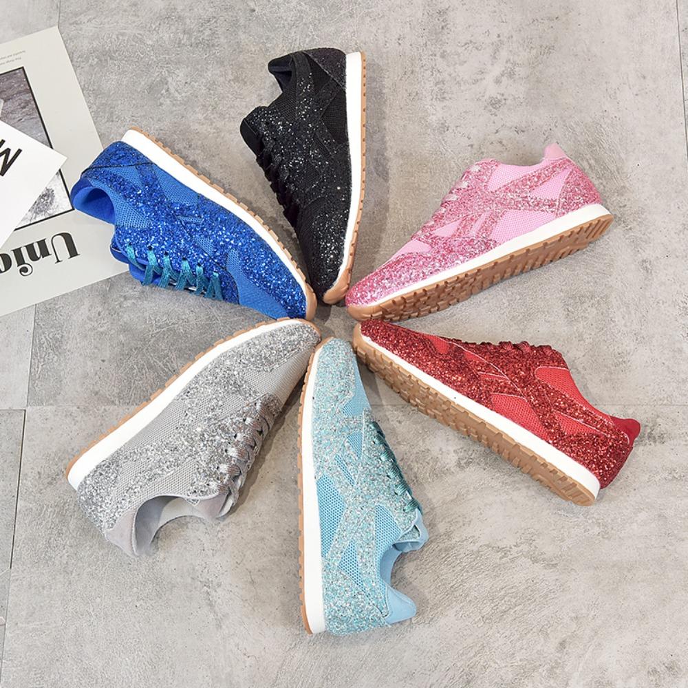 Женские блестящие кроссовки на плоской подошве, повседневная блестящая вулканизированная обувь, женская сетчатая обувь на шнуровке, удобная платформа размера плюс, модная женская осенняя обувь