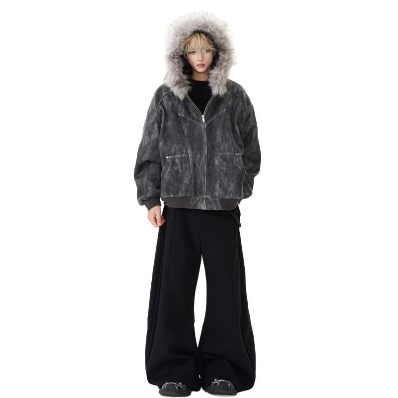 Mens Winter Tie-Dye Padded Hooded Parka With Fur Trim - Loose Fit Warm Casual Cotton Coat