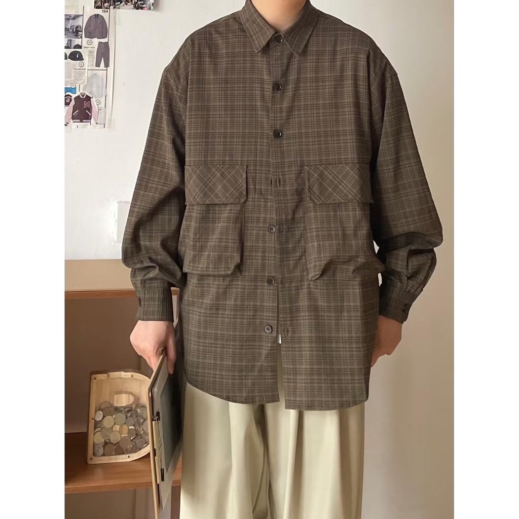 Японская рубашка с длинными рукавами в клетку с большим карманом на весну и осень, модный бренд, свободная пара, контрастный цвет, уличная рубашка, пальто для мужчин