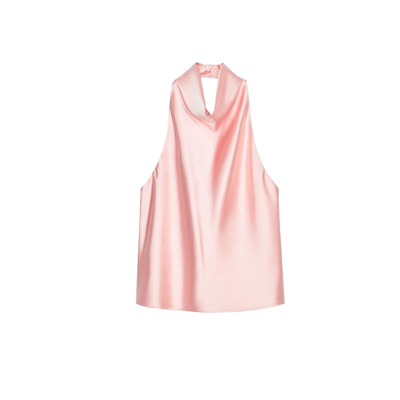 Summer New Product Women's Clothes French Short Silk Satin Texture Open Back Hanging Collar Tops 3203317 2069399