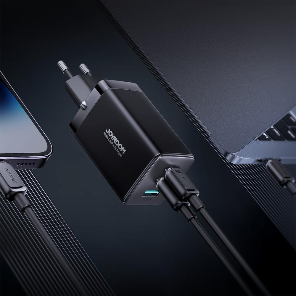Joyroom 65W GaN Triple-Port Fast Charger with Dual USB-C & USB-A, Includes 100W USB-C Cable (1.2m, Black)