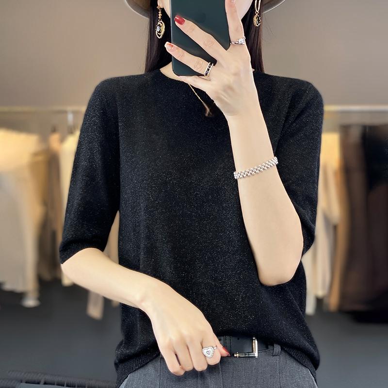 Женская летняя футболка с коротким рукавом, 50% шелка тутового дерева и полиэстера | Легкий дышащий облегающий повседневный топ