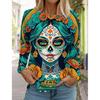Sugar Skull Pattern Womens Long Sleeve Shirt Day of the Dead Shirts Fashion 3D Printed Tops Summer Gothic Style Women's Clothing