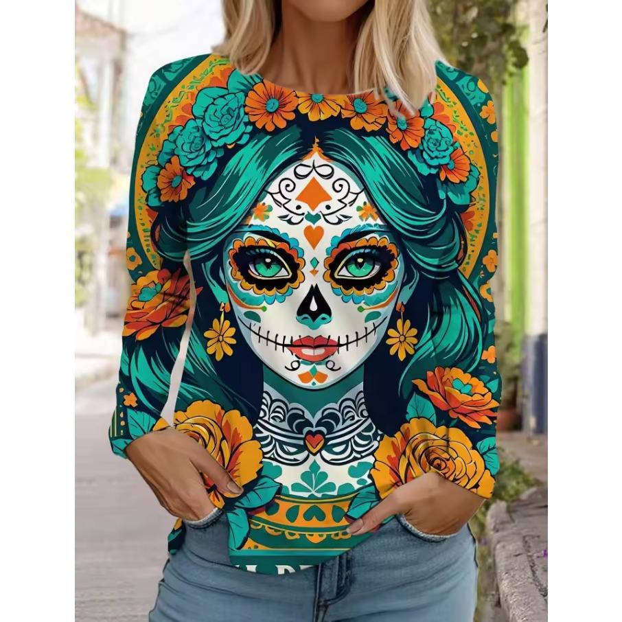 Sugar Skull Pattern Womens Long Sleeve Shirt Day of the Dead Shirts Fashion 3D Printed Tops Summer Gothic Style Women's Clothing