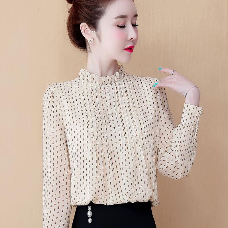 Spring Autumn Women's Chiffon Blouses Shirts Lady Casual Long Sleeve O-Neck Polka Dot Printed Chiffon Blusas Tops
