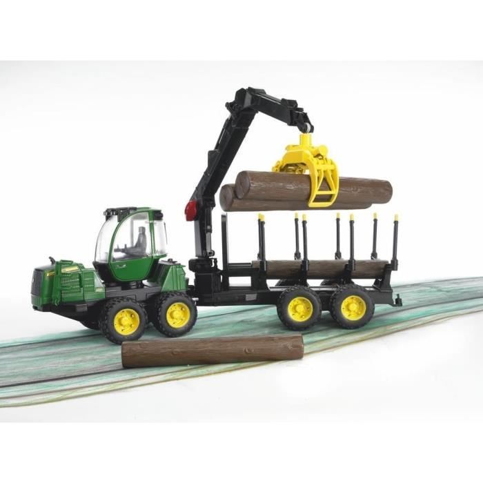 BRUDER - 2133 - Porteur forestier JOHN DEERE 1210E avec chargeur, remorque forestière et rondins de bois - Echelle 1:16