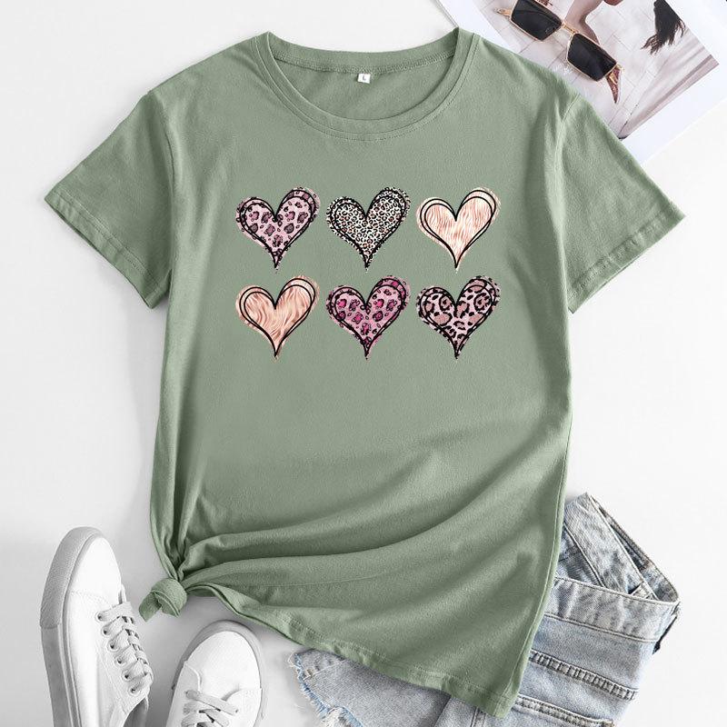 Летние женские футболки больших размеров с цветным принтом в виде сердца, свободные, с круглым вырезом, повседневные, из чистого хлопка, с короткими рукавами, женские
