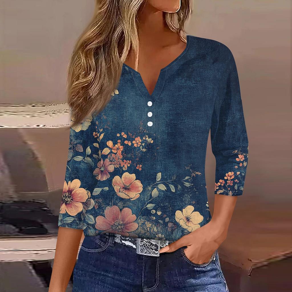 Женская модная повседневная футболка с v-образным вырезом и декоративными пуговицами, рукавом три четверти, с цветочным принтом, топ