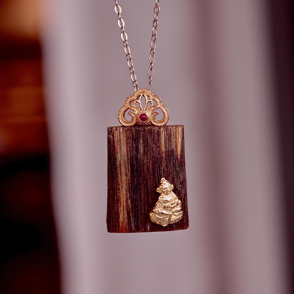 Natural Hainan Qi Nan Agarwood Yellow Jambhala Pendant with S925 Sterling Silver, Canaan Agarwood Accessories