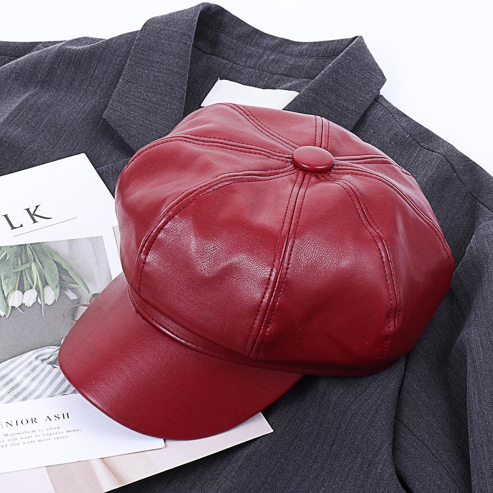 Ladies Women Girls PU Leather Solid Color Octagonal Beret Hat Newsboy Hat Peaked Cap Newsboy Cap