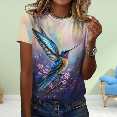 Модная женская футболка с красочным принтом колибри, забавная повседневная футболка с круглым вырезом и короткими рукавами, летняя женская футболка