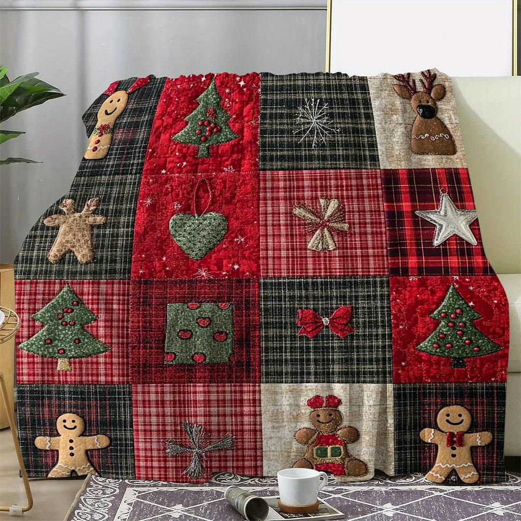 1Pc Rustic Plaid Christmas Star Gingerbread Man Christmas Tree Floral Print Throw Blanket, Soft Warm Knitted Polyester Flannel