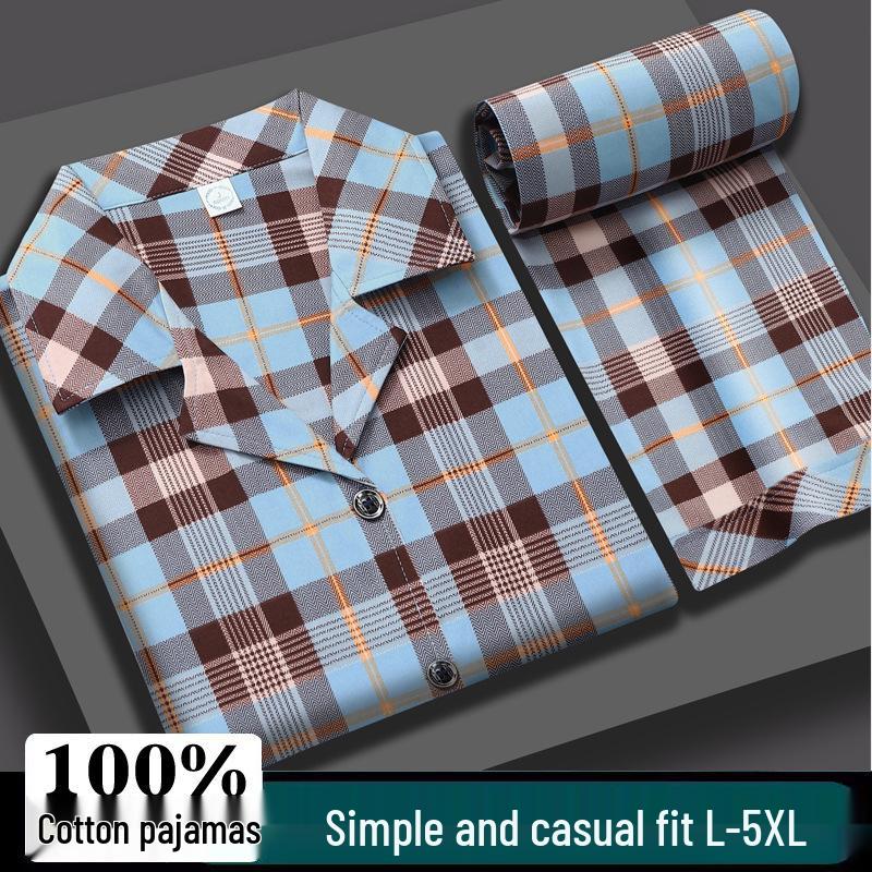 Мужской летний хлопковый пижамный комплект большого размера - Топ с коротким рукавом и длинные брюки для пап среднего возраста