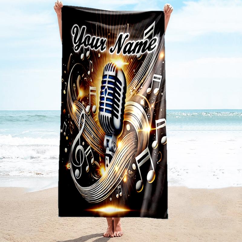 1PC Custom Name Music Microphone Artwork Beach Towel Highly Absorbent And Sand-Resistant Towel for Swimming, Pool, Yoga, And Travel Lightweight