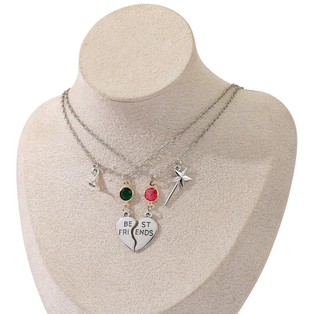 Elphaba & Glinda Pendant Necklace Set Silver Tone Broken Heart Design with Green Red Gemstones pendant necklace