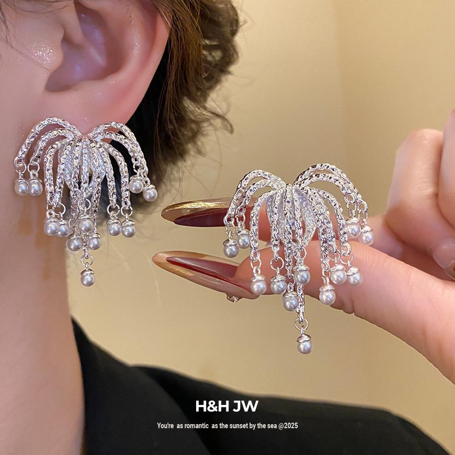 K real gold electroplated fireworks pearl fringed ear clips new versatile earrings light luxury high-end earrings women