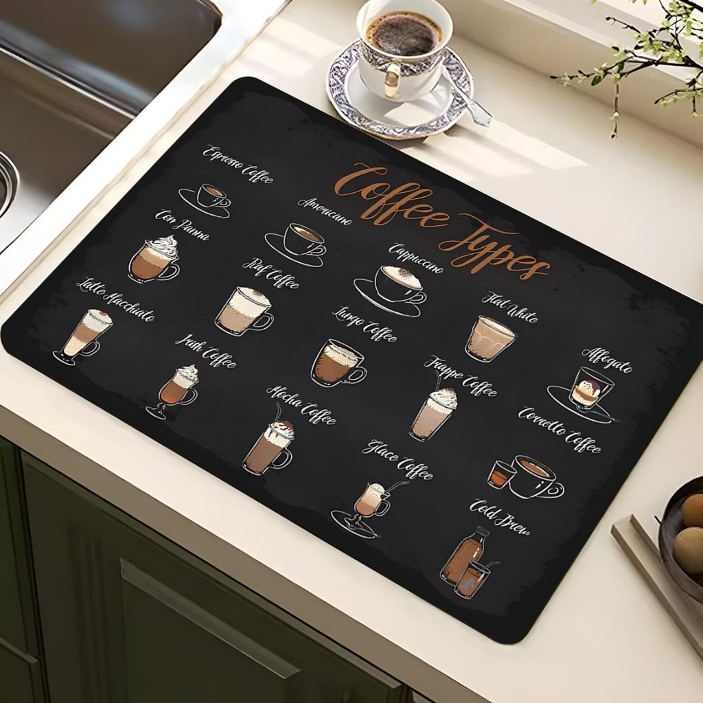 Классический кофейный дизайн Коврик для сушки посуды Мягкая резина Нескользящий Впитывающий Полиэстер Устойчивый к пятнам Для кухни Кофейный бар Столешница