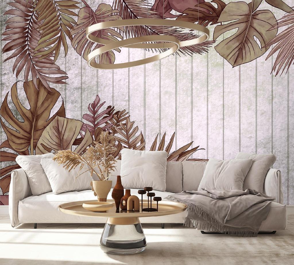 Wallpaper Exotic leaves on a background of light-coloured boards