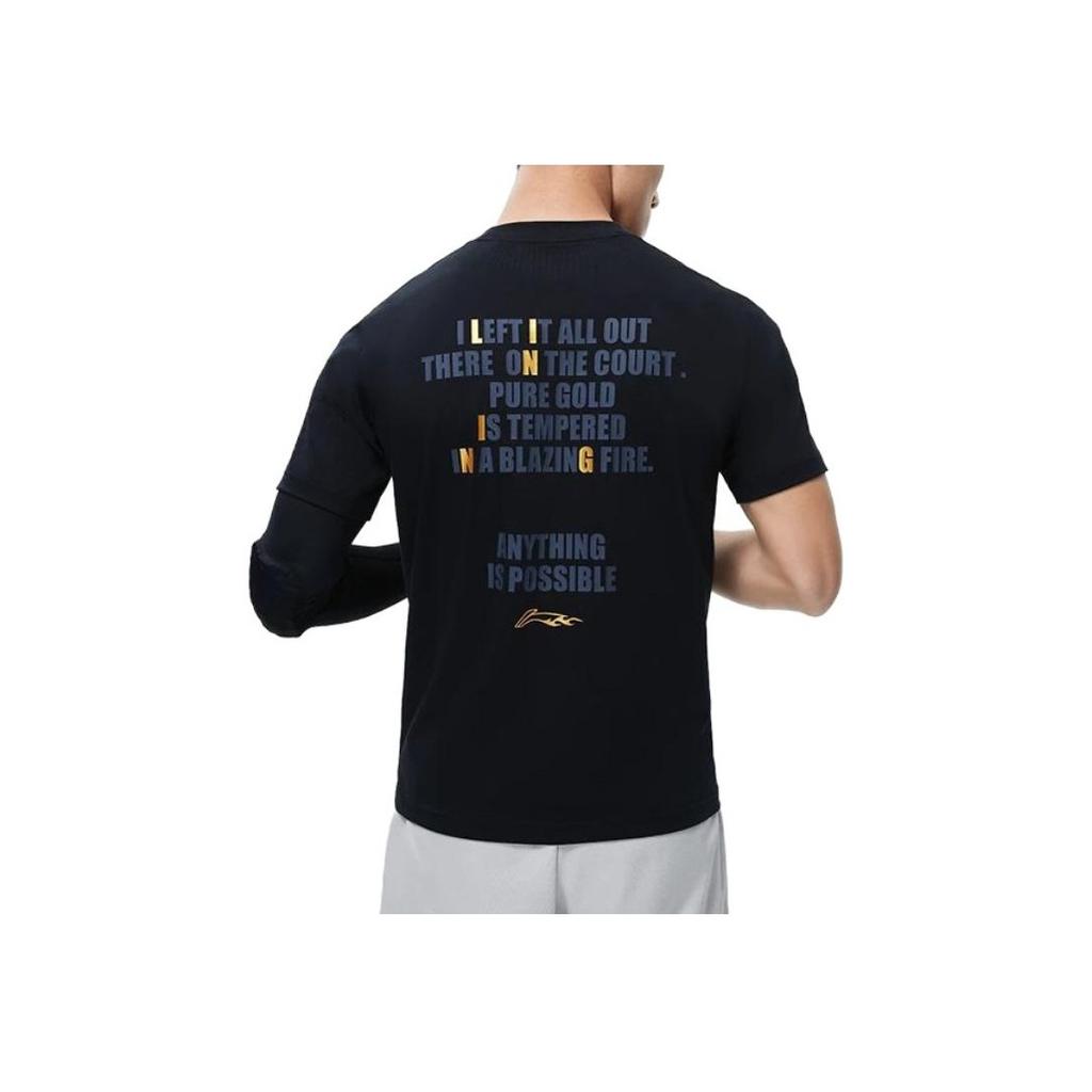 Li-Ning Свободная дышащая футболка с коротким рукавом и геометрическим принтом, мужские топы черного цвета ATST091-7