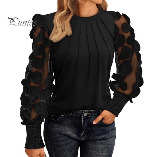Женские топы с круглым вырезом, сетчатые, с ажурными буфами, с длинными рукавами, однотонные, универсальные, стильные, блузки
