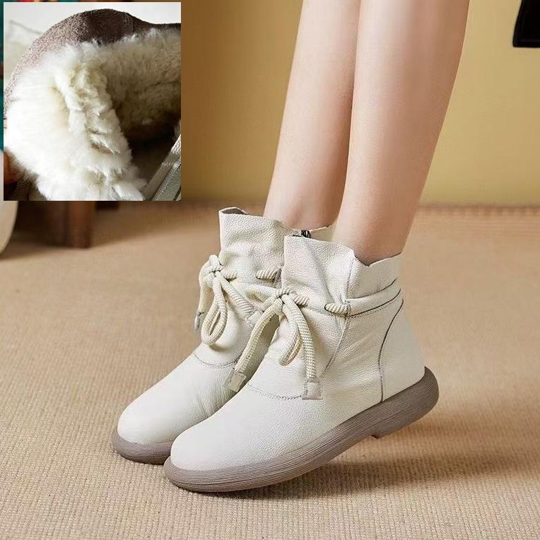 Теплые сапоги из натуральной кожи и шерсти, зимние женские ботильоны, хлопковая обувь, нескользящие женские сапоги с плоской подошвой и мягкой подошвой