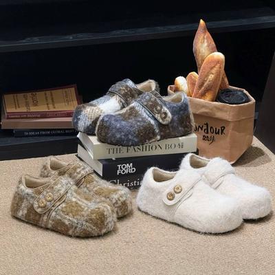 Ретро повседневные пушистые туфли женские осенне-зимние теплые на одной педали мягкая подошва полушлепанцы на липучке из бархатного хлопка повседневные тапочки