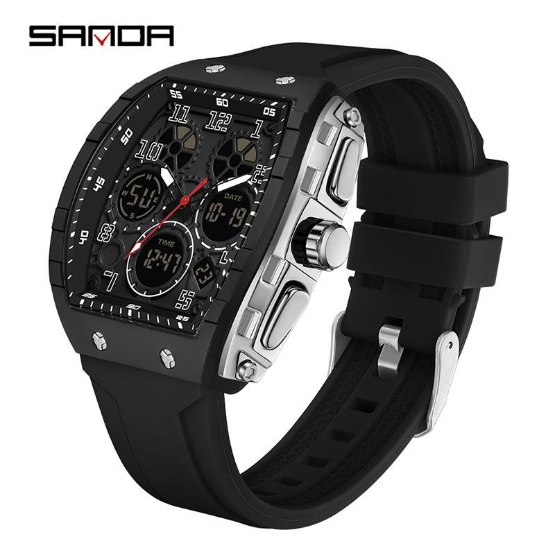 SANDA 6157 waterproof alarm clock men brand's new electronic watch digital multifunctional fashion trend men's watch silicone