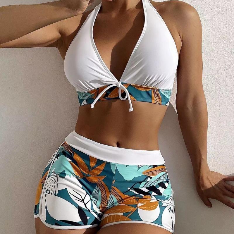 Fashion printed swimsuit new large size women's neck high waist flat angle conservative beach swimsuit