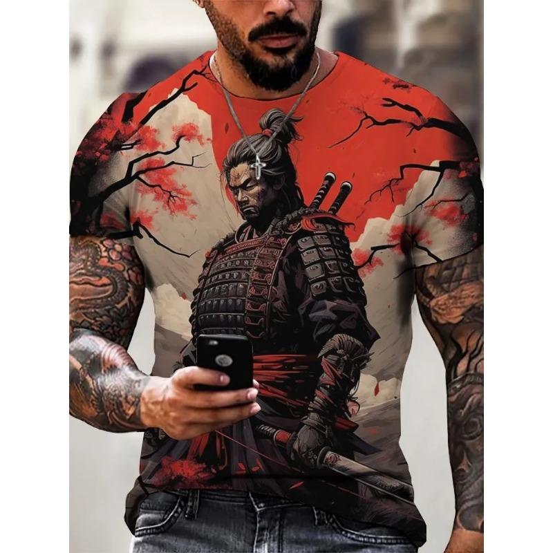 Футболка 3D Воин Самурай Принт Футболка Мужская Мода Круглый Вырез Короткий Рукав Графическая Футболка