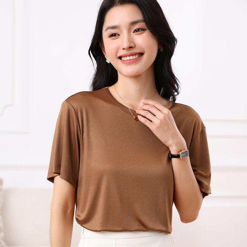 Round Neck Short Sleeve Womens Single Color Thin T-shirt V-neck Top Comfortable Fit T-shirt