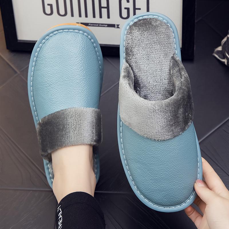 Женские тапочки 2024 года, новые зимние тапочки из искусственной кожи, теплые домашние тапочки, водонепроницаемая домашняя обувь, унисекс, теплые кожаные тапочки